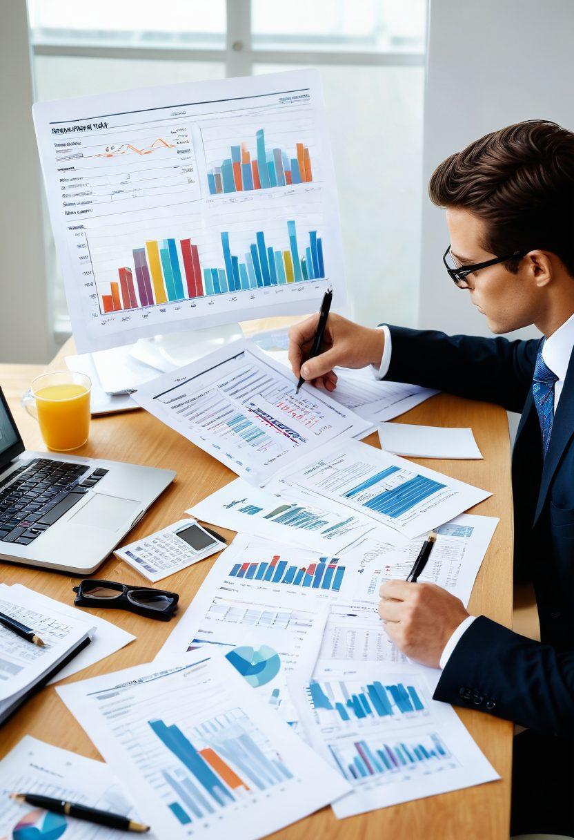 A professional-looking person analyzing various insurance policy documents spread out on a desk, surrounded by calculators, a laptop, and a coffee cup. In the background, a graph showing upward trends symbolizes financial growth. Bright and engaging colors create a sense of optimism and professionalism. Include elements like a magnifying glass and notes highlighting financial terms. super-realistic. vibrant colors. white background.