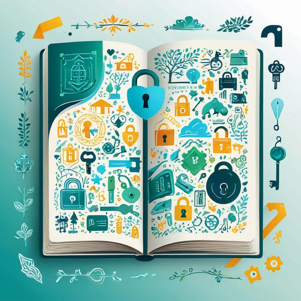 A sleek, open book revealing hidden keys and locks, symbolizing the secrets of insurance. Surround the book with vibrant icons representing various insurance options like health, auto, and home. Use soft, inviting colors to evoke trust and approachability. The background should be subtle and elegant, allowing the illustration to pop. vector art. vibrant colors. white background.