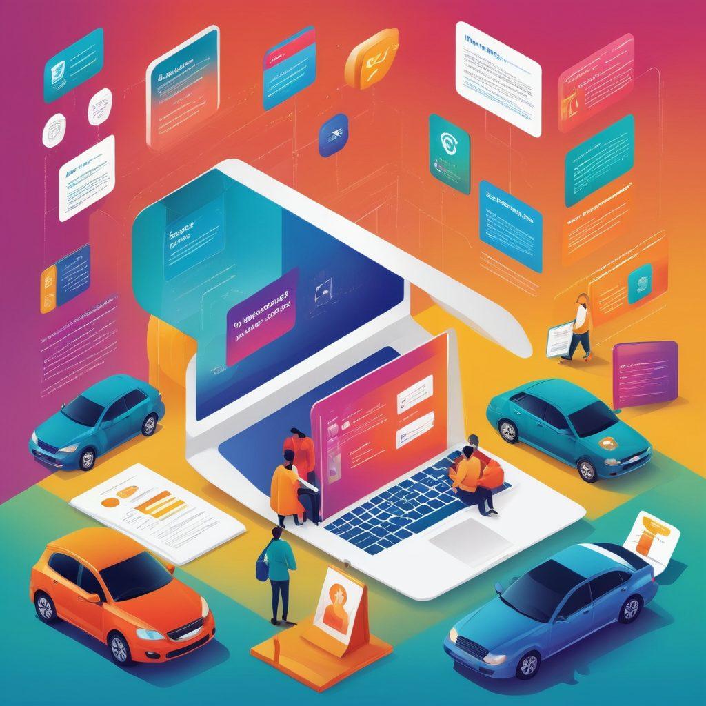 A visually engaging collage that depicts a spectrum of affordable insurance services, featuring icons representing quotes, claims, and various insurance types like health, auto, and home. The background should be a gradient of warm and cool colors that represent trust and safety. Include diverse individuals interacting with their insurance documents and using digital devices, fostering a sense of community and accessibility. modern vector art. vibrant colors.